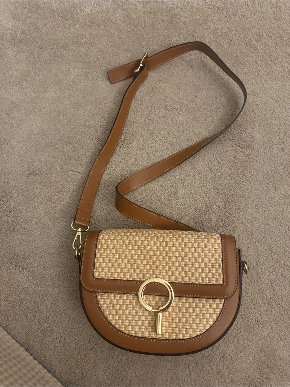 Cheval Firenze Raffia and Leather Woven Saddle Crossbody Bag in Tan and Natural